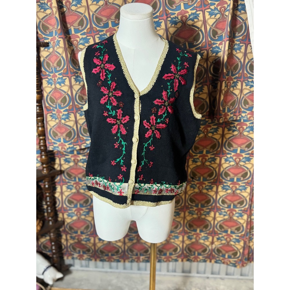 Vintage Studio Joy Embellished Floral‎ Knit Vest Holidaycore Small Petite